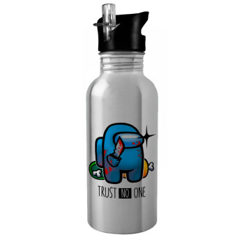 Among Trust no one, Water bottle Silver with straw, stainless steel 600ml