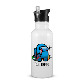 Among Trust no one, White water bottle with straw, stainless steel 600ml