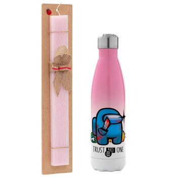 Among Trust no one, Easter Set, Metallic pink/white (Stainless steel) thermos, double-walled, 500ml & aromatic flat Easter candle (30cm) (PINK)