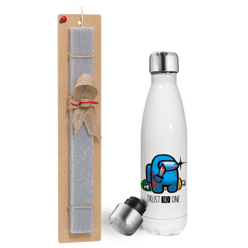 Among Trust no one, Easter candle, metallic white thermos bottle (500ml) & aromatic flat candle (30cm) (GRAY)