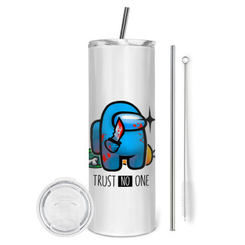 Among Trust no one, Eco friendly ποτήρι θερμό (tumbler) από ανοξείδωτο ατσάλι 600ml, με μεταλλικό καλαμάκι & βούρτσα καθαρισμού