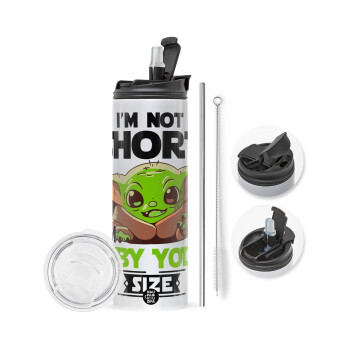 I'm not short, i'm Baby Yoda size, Travel Tumbler 2 Lids, with metal straw & cleaning brush (Stainless steel 304 Food grade, BPA free, 600ml)