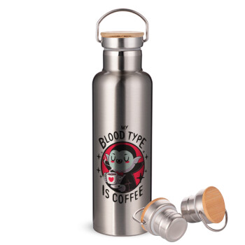 My blood type is coffee, Stainless steel Silver with wooden lid (bamboo), double wall, 750ml