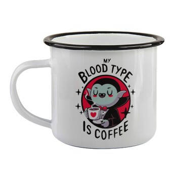 My blood type is coffee, Κούπα εμαγιέ με μαύρο χείλος 360ml