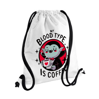 My blood type is coffee, Τσάντα πλάτης πουγκί GYMBAG λευκή, με τσέπη (40x48cm) & χονδρά κορδόνια