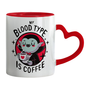 My blood type is coffee, Mug heart red handle, ceramic, 330ml