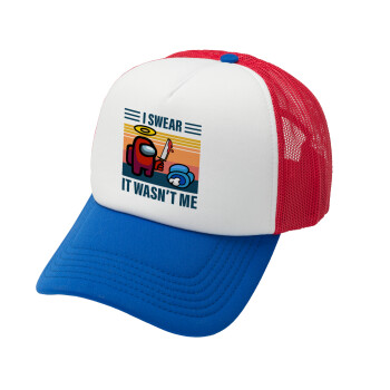 Among us, I swear it wasn't me, Adult Soft Trucker Hat with Red/Blue/White Mesh (POLYESTER, ADULT, UNISEX, ONE SIZE)