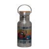 Stainless steel metallic thermos flask, silver with a bamboo lid, double-walled, 350ml.