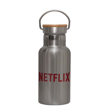 Netflix, Stainless steel metallic thermos flask, silver with a bamboo lid, double-walled, 350ml.