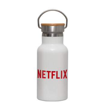 Netflix, Μεταλλικό παγούρι θερμός (Stainless steel) Λευκό με ξύλινο καπακι (bamboo), διπλού τοιχώματος, 350ml