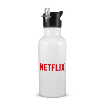 Netflix, White water bottle with straw, stainless steel 600ml