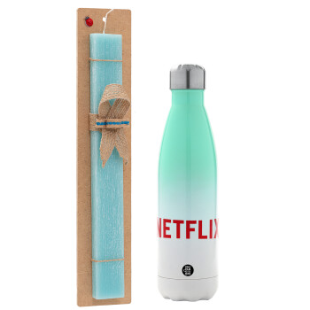 Netflix, Easter Set, Metallic green/white thermos (Stainless steel), double-walled, 500ml & scented flat Easter candle (30cm) (TURQUOISE)