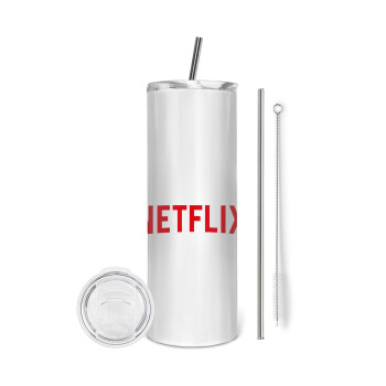 Netflix, Tumbler ποτήρι θερμό από ανοξείδωτο ατσάλι 600ml, με μεταλλικό καλαμάκι & βούρτσα καθαρισμού