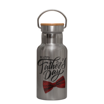 Happy father's Days, Stainless steel metallic thermos flask, silver with a bamboo lid, double-walled, 350ml.