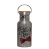 Stainless steel metallic thermos flask, silver with a bamboo lid, double-walled, 350ml.