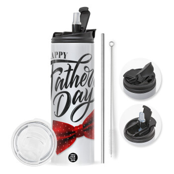 Happy father's Days, Travel Tumbler θερμό με διπλό καπάκι, μεταλλικό καλαμάκι και βούρτσα καθαρισμού (Ανωξείδωτο 304 Food grade, BPA free, 600ml)