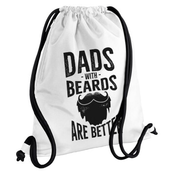 Dad's with beards are better, Τσάντα πλάτης πουγκί GYMBAG λευκή, με τσέπη (40x48cm) & χονδρά κορδόνια