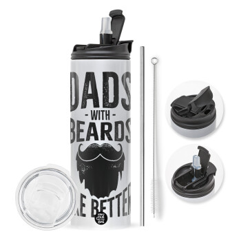 Dad's with beards are better, Travel Tumbler 2 Lids, with metal straw & cleaning brush (Stainless steel 304 Food grade, BPA free, 600ml)