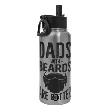 Dad's with beards are better, Μεταλλικό παγούρι θερμός Silver με καλαμάκι και χερούλι (Stainless steel), διπλού τοιχώματος, 950ml