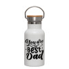 Metallic thermos (Stainless steel) White with wooden lid (bamboo), double-walled, 350ml