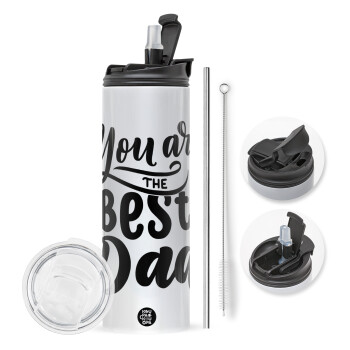 You are the best Dad, Travel Tumbler θερμό με διπλό καπάκι, μεταλλικό καλαμάκι και βούρτσα καθαρισμού (Ανωξείδωτο 304 Food grade, BPA free, 600ml)