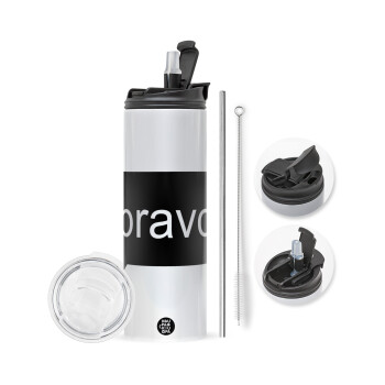 Bravo, Travel Tumbler θερμό με διπλό καπάκι, μεταλλικό καλαμάκι και βούρτσα καθαρισμού (Ανωξείδωτο 304 Food grade, BPA free, 600ml)