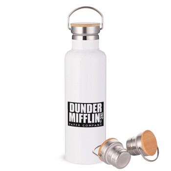 Dunder Mifflin, Inc Paper Company, Μεταλλικό παγούρι θερμός (Stainless steel) Λευκό με ξύλινο καπακι (bamboo), διπλού τοιχώματος, 750ml