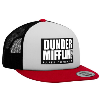 Dunder Mifflin, Inc Paper Company, Adult Foam Flat Snapback with Mesh Red-White-Black (POLYESTER, ADULT, UNISEX, ONE SIZE)