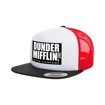 Dunder Mifflin, Inc Paper Company, Adult Foam Flat Snapback with Mesh Black-White-Red (POLYESTER, ADULT, UNISEX, ONE SIZE)