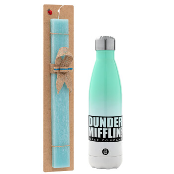 Dunder Mifflin, Inc Paper Company, Easter Set, Metallic green/white thermos (Stainless steel), double-walled, 500ml & scented flat Easter candle (30cm) (TURQUOISE)