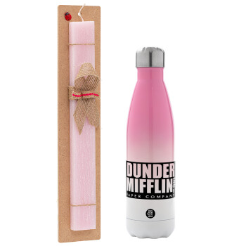 Dunder Mifflin, Inc Paper Company, Easter Set, Metallic pink/white (Stainless steel) thermos, double-walled, 500ml & aromatic flat Easter candle (30cm) (PINK)