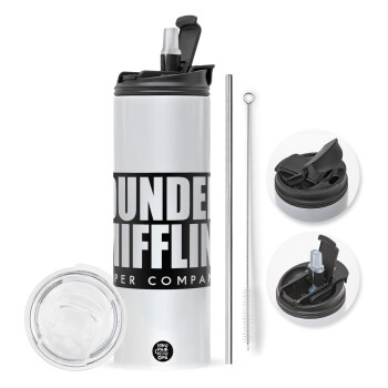 Dunder Mifflin, Inc Paper Company, Travel Tumbler θερμό με διπλό καπάκι, μεταλλικό καλαμάκι και βούρτσα καθαρισμού (Ανωξείδωτο 304 Food grade, BPA free, 600ml)