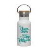 Metallic thermos (Stainless steel) White with wooden lid (bamboo), double-walled, 350ml