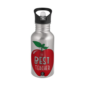Best teacher, Water bottle Silver with straw, stainless steel 500ml