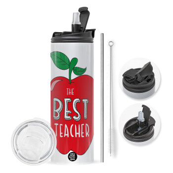 Best teacher, Travel Tumbler 2 Lids, with metal straw & cleaning brush (Stainless steel 304 Food grade, BPA free, 600ml)