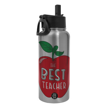 Best teacher, Metal mug thermo Silver with Straw and Spout Lid (Stainless steel), double wall, 950ml