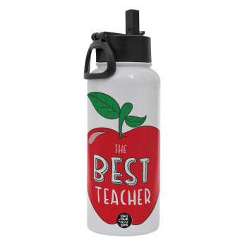 Best teacher, Metal mug thermo White with Straw and Spout Lid (Stainless steel), double wall, 950ml