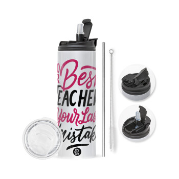 Typography quotes your best teacher is your last mistake, Travel Tumbler 2 Lids, with metal straw & cleaning brush (Stainless steel 304 Food grade, BPA free, 600ml)