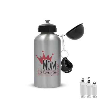 Mother's day I Love you Mom, Metallic water jug, Silver, aluminum 500ml