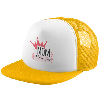 Mother's day I Love you Mom, Adult Soft Trucker Hat with Yellow/White Mesh (POLYESTER, ADULT, UNISEX, ONE SIZE)