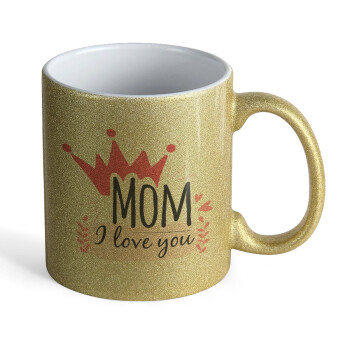 Mother's day I Love you Mom, Κούπα Χρυσή Glitter που γυαλίζει, κεραμική, 330ml