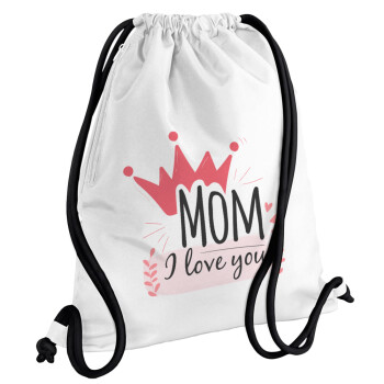 Mother's day I Love you Mom, Backpack pouch GYMBAG white, with pocket (40x48cm) & thick cords