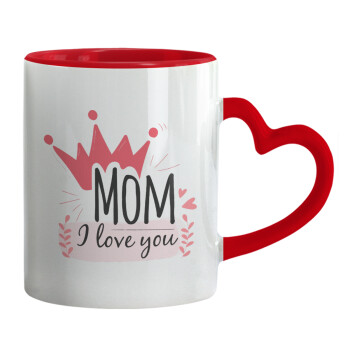 Mother's day I Love you Mom, Κούπα καρδιά χερούλι κόκκινη, κεραμική, 330ml