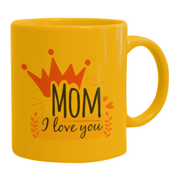 Mother's day I Love you Mom, Ceramic coffee mug yellow, 330ml (1pcs)