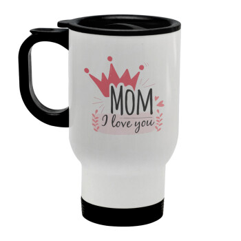 Mother's day I Love you Mom, Stainless steel travel mug with lid, double wall white 450ml