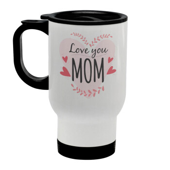 Mother's day I Love you Mom heart, Stainless steel travel mug with lid, double wall white 450ml