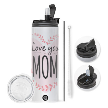 Mother's day I Love you Mom heart, Travel Tumbler θερμό με διπλό καπάκι, μεταλλικό καλαμάκι και βούρτσα καθαρισμού (Ανωξείδωτο 304 Food grade, BPA free, 600ml)