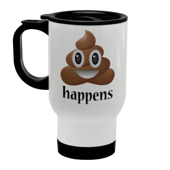 Shit Happens, Stainless steel travel mug with lid, double wall white 450ml