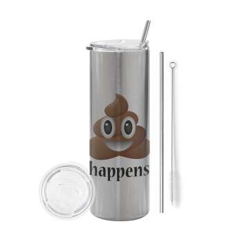 Shit Happens, Eco friendly stainless steel Silver tumbler 600ml, with metal straw & cleaning brush