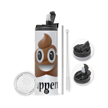 Shit Happens, Travel Tumbler 2 Lids, with metal straw & cleaning brush (Stainless steel 304 Food grade, BPA free, 600ml)